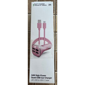 Hypergear Pink Quad USB Car Charger with USB-C Cable, 3ft